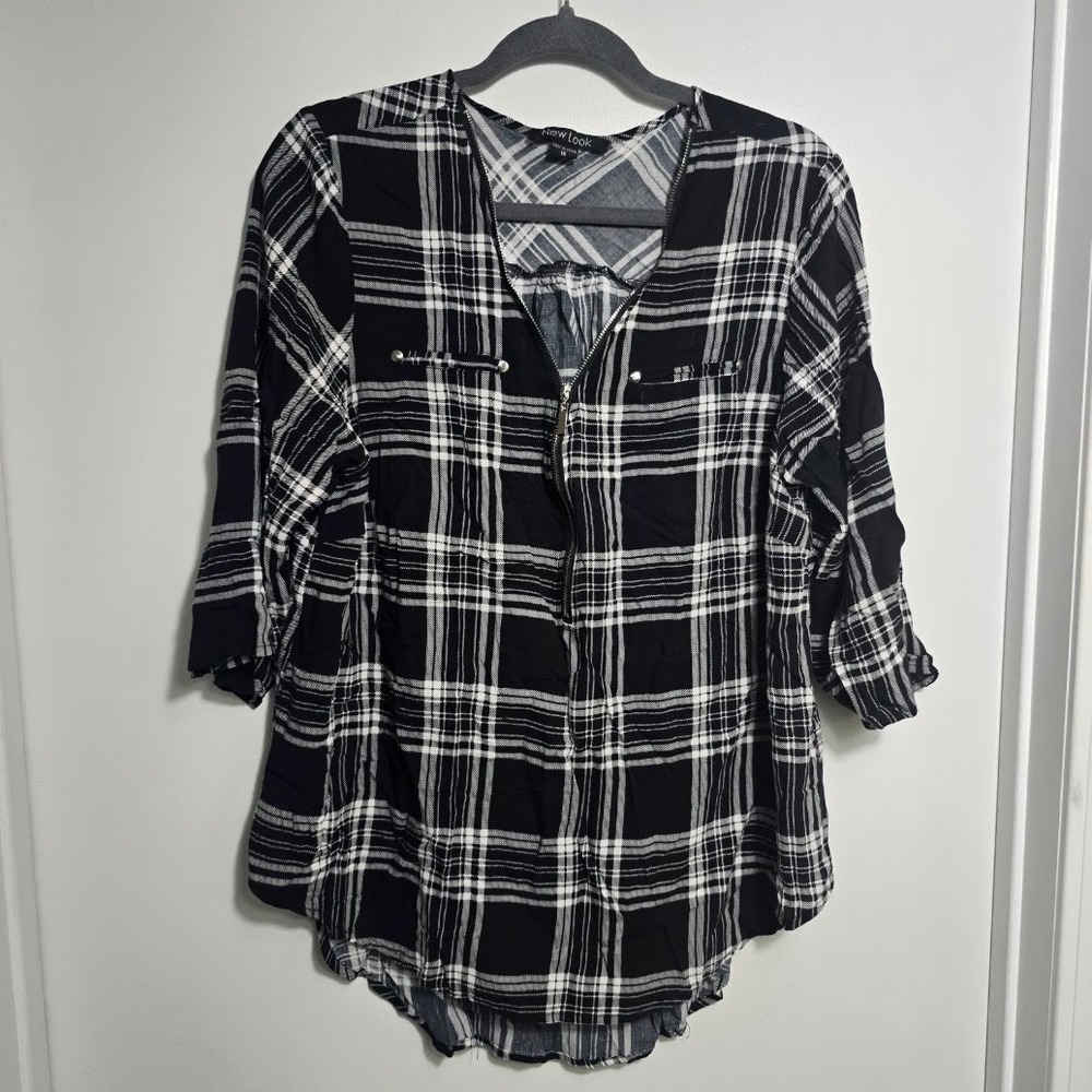 New Look Womens 1X Plaid Zip Front 3/4 Sleeve Tunic Blouse Black White High Low
